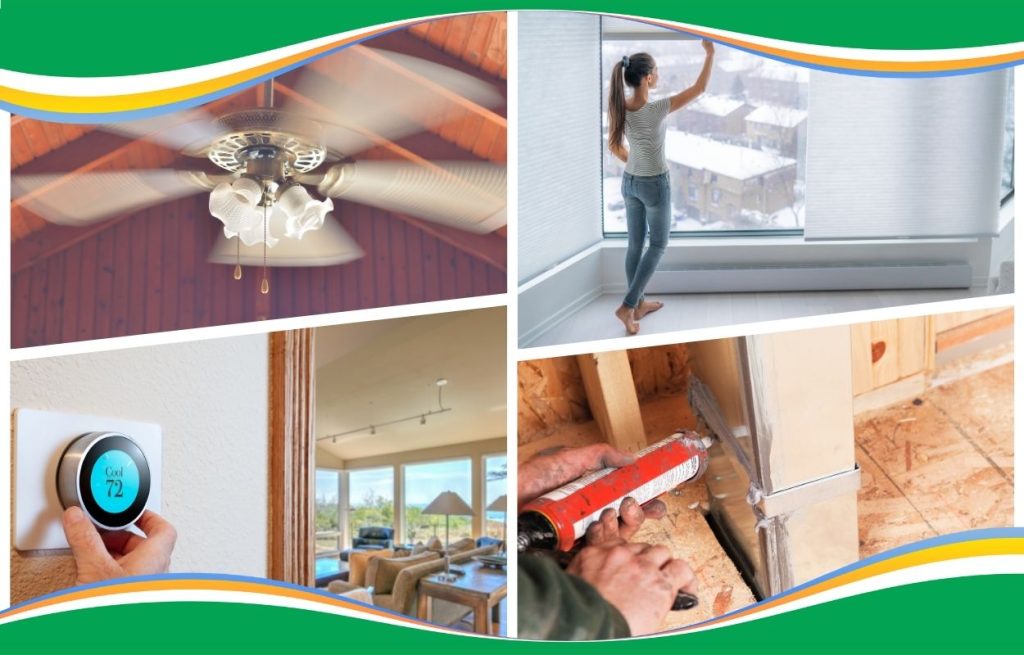 This is a set of four images. One is a ceiling fan one's a woman closing window shades one is a man setting a smart thermostat. Another is an HVAC person ceiling ductwork.