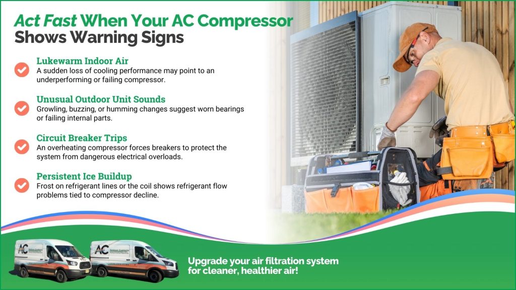 This is an image of an HVAC technician working on an air conditioner. The headline reads act fast when your AC compressor shows warning signs.