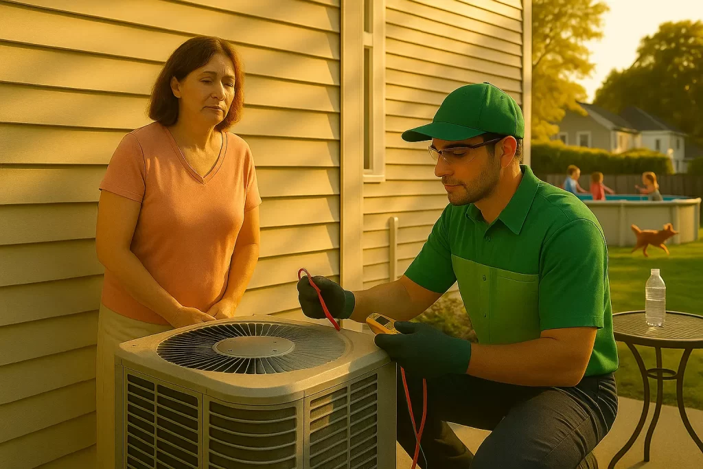 Image of an HVAC technician and a homeowner and the side of the house trying to fix a broken AC unit