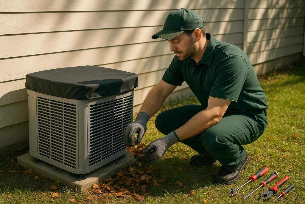Technician clearing debris from outdoor condenser in green uniform