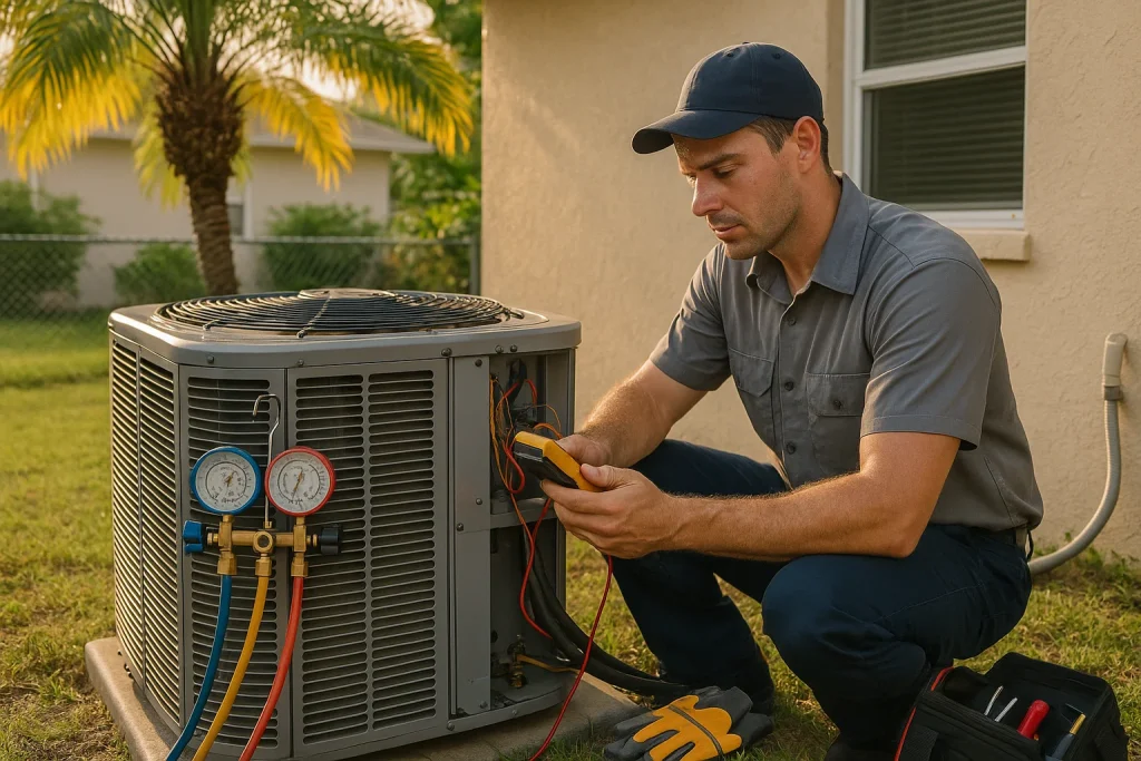 Technician testing outdoor condenser unit with multimeter and tools
