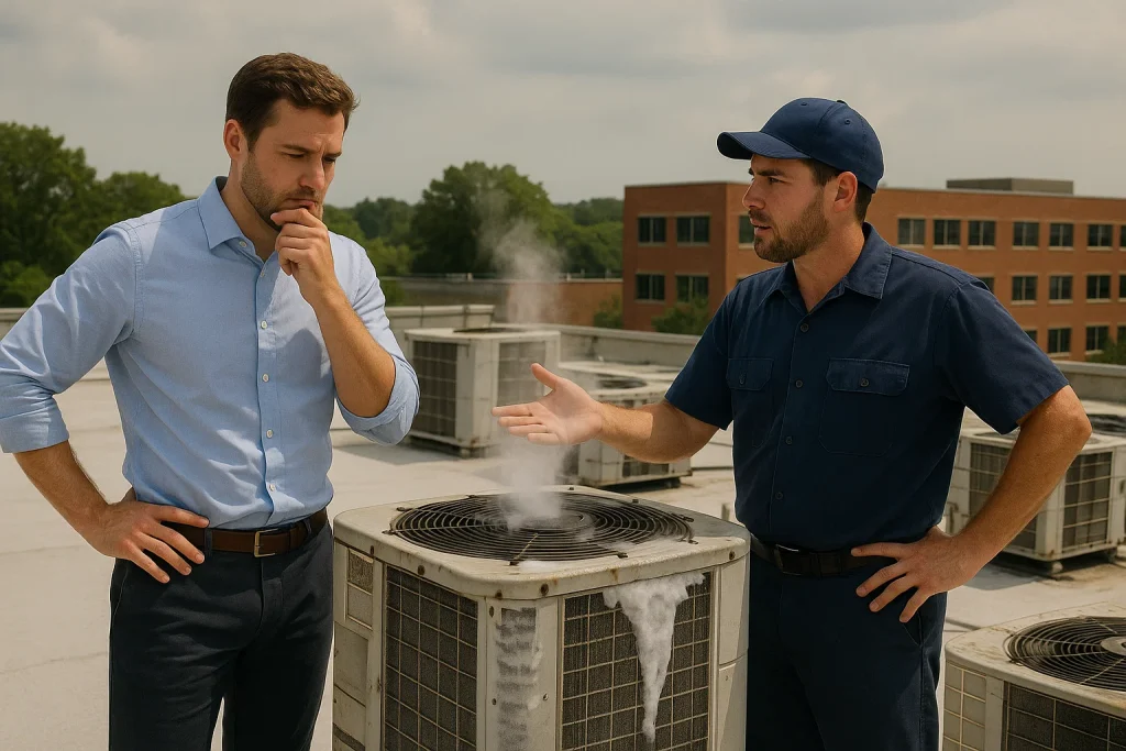 An office manager engineer and HVAC technician on the roof of an office building, examining broken AC units