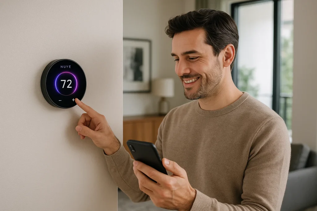 Homeowner using Nuve smart thermostat with LED accent and phone control