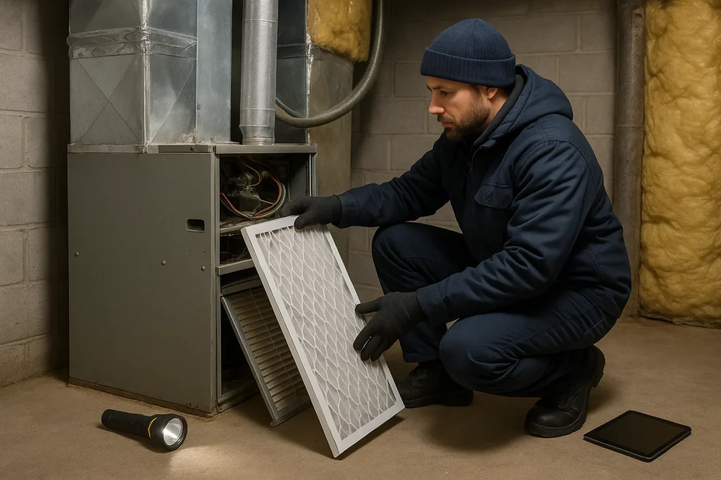 Technician replacing air filter and inspecting ductwork in South Jersey home basement utility room