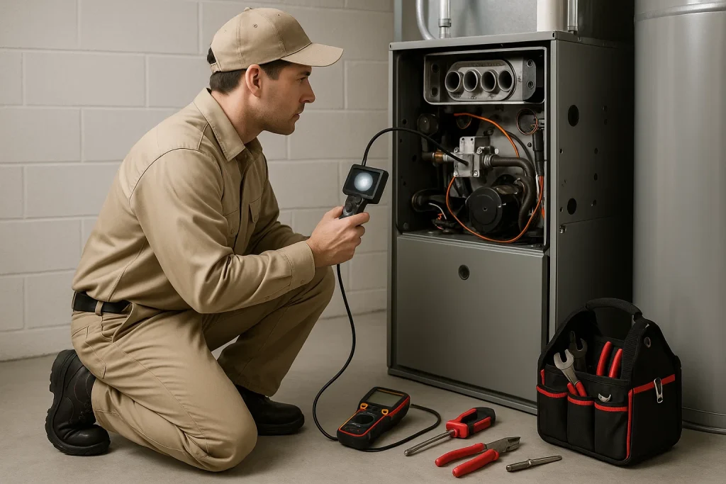 technician inspecting modern furnace for replacement in utility room