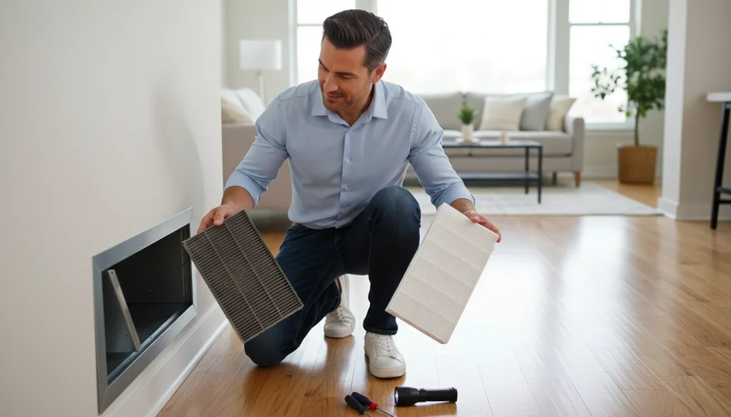 A homeowner comparing a dirty air filter with a clean one while performing basic HVAC maintenance
