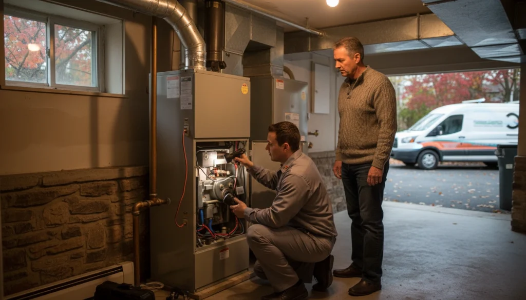 Technician inspecting furnace during fall tune‑up before winter heating season