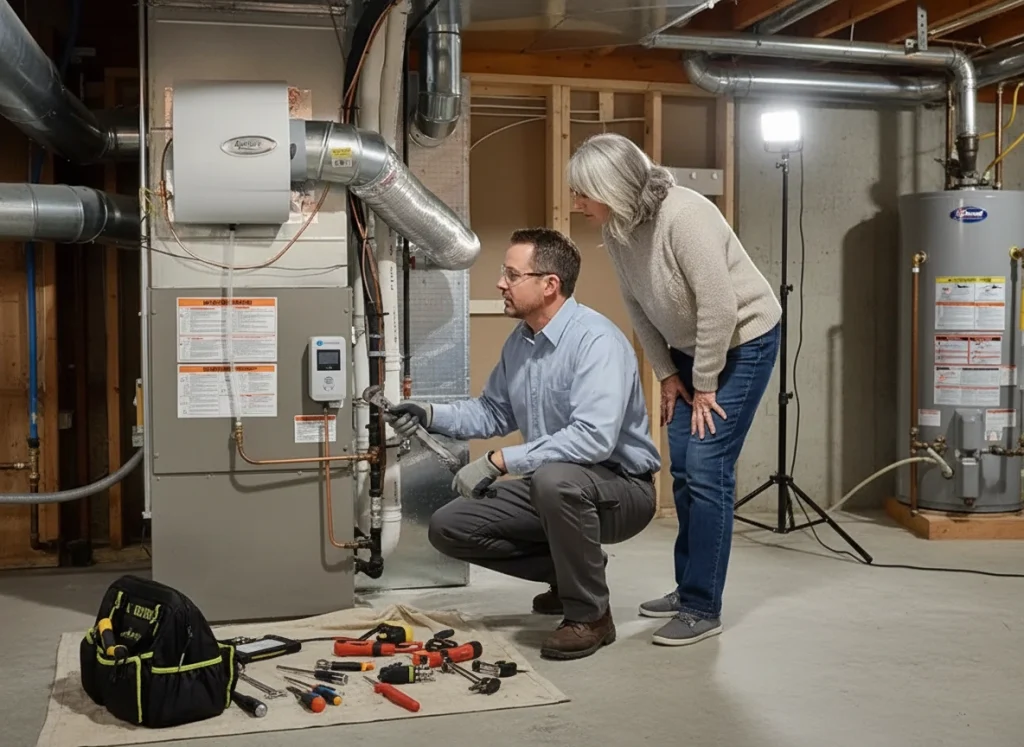 Technician installing whole‑home humidifier inside residential air handler in New Jersey