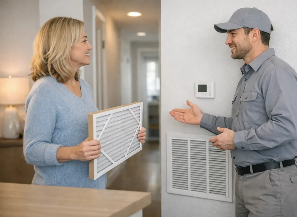 Homeowner and HVAC technician plan regular filter changes for cleaner indoor air in South Jersey