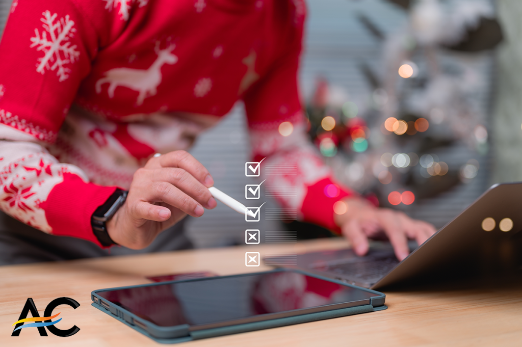 Someone in a winter sweater digitally referencing a checklist