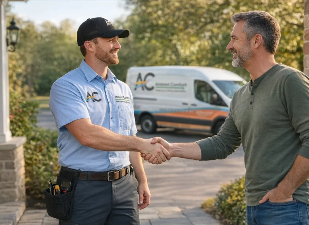 Homeowner meeting HVAC technician to choose reliable heating and cooling service in South Jersey