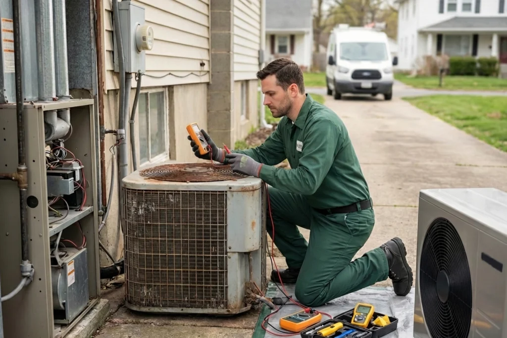 HVAC technician evaluating aging home comfort system in Camden County
