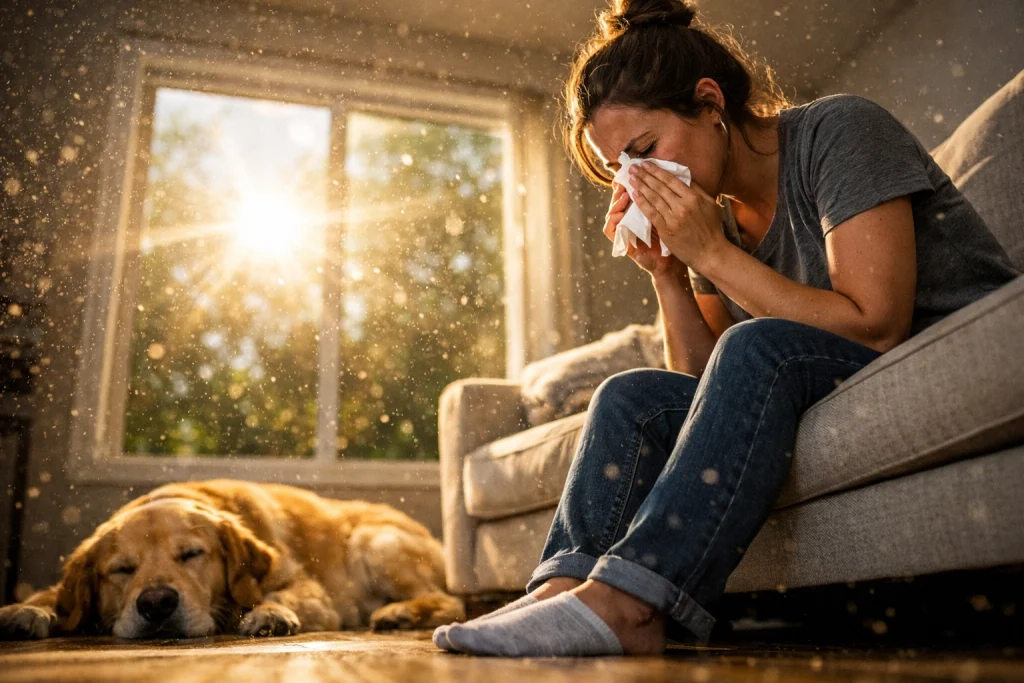 A woman on the couch blowing her nose because of the pollen and dust in her house.